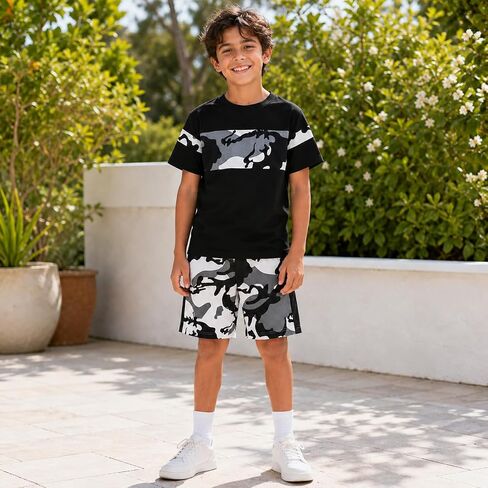 Boys Summer Outfit Set, Short Sleeve Shirt and Shorts 2 Piece Casual Playwear Set for Kids Toddler in Kuwait
