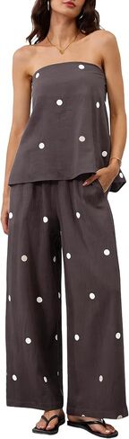 MSBESYOR Women 2 Piece Polka Dot Tube Top Set Strapless Bandeau Blouse Wide Leg Spot Print Pants Outfits Summer Lounge Sets in Saudi Arabia
