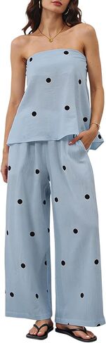 MSBESYOR Women 2 Piece Polka Dot Tube Top Set Strapless Bandeau Blouse Wide Leg Spot Print Pants Outfits Summer Lounge Sets in Saudi Arabia
