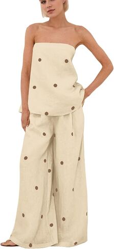 MSBESYOR Women 2 Piece Polka Dot Tube Top Set Strapless Bandeau Blouse Wide Leg Spot Print Pants Outfits Summer Lounge Sets in Saudi Arabia