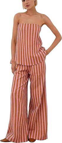 MSBESYOR Women 2 Piece Polka Dot Tube Top Set Strapless Bandeau Blouse Wide Leg Spot Print Pants Outfits Summer Lounge Sets in Saudi Arabia