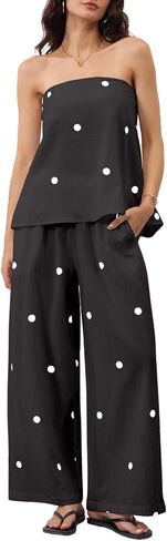 MSBESYOR Women 2 Piece Polka Dot Tube Top Set Strapless Bandeau Blouse Wide Leg Spot Print Pants Outfits Summer Lounge Sets in Saudi Arabia