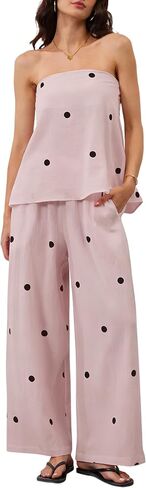 MSBESYOR Women 2 Piece Polka Dot Tube Top Set Strapless Bandeau Blouse Wide Leg Spot Print Pants Outfits Summer Lounge Sets in Saudi Arabia