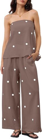 MSBESYOR Women 2 Piece Polka Dot Tube Top Set Strapless Bandeau Blouse Wide Leg Spot Print Pants Outfits Summer Lounge Sets in Saudi Arabia
