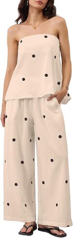 MSBESYOR Women 2 Piece Polka Dot Tube Top Set Strapless Bandeau Blouse Wide Leg Spot Print Pants Outfits Summer Lounge Sets in Saudi Arabia