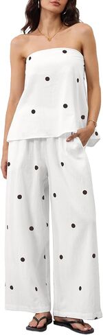 MSBESYOR Women 2 Piece Polka Dot Tube Top Set Strapless Bandeau Blouse Wide Leg Spot Print Pants Outfits Summer Lounge Sets in Saudi Arabia
