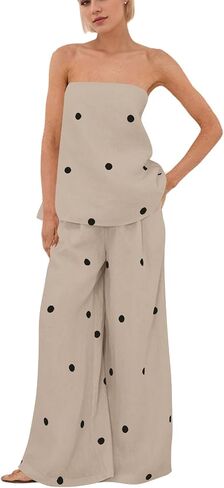 MSBESYOR Women 2 Piece Polka Dot Tube Top Set Strapless Bandeau Blouse Wide Leg Spot Print Pants Outfits Summer Lounge Sets in Saudi Arabia