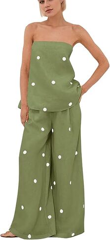 MSBESYOR Women 2 Piece Polka Dot Tube Top Set Strapless Bandeau Blouse Wide Leg Spot Print Pants Outfits Summer Lounge Sets in Saudi Arabia