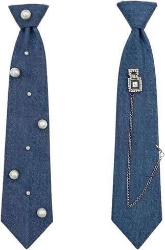 2 PCS Denim Tie for Women, Blue Jean Ties with Pearl and Chain Accents, Casual and Formal Wear Accessories, Set of Two Unique Denim Neckties, Adjustable Length for Comfortable Fit in Kuwait