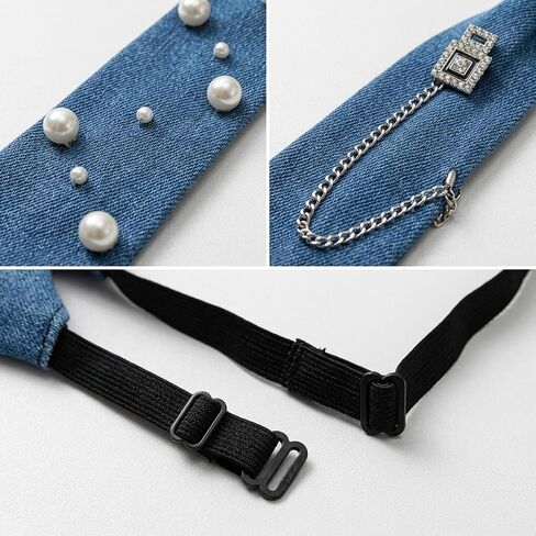 2 PCS Denim Tie for Women, Blue Jean Ties with Pearl and Chain Accents, Casual and Formal Wear Accessories, Set of Two Unique Denim Neckties, Adjustable Length for Comfortable Fit in Kuwait