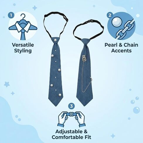 2 PCS Denim Tie for Women, Blue Jean Ties with Pearl and Chain Accents, Casual and Formal Wear Accessories, Set of Two Unique Denim Neckties, Adjustable Length for Comfortable Fit in Kuwait