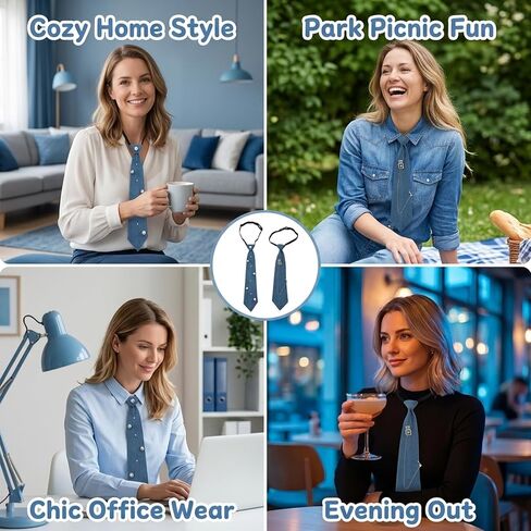 2 PCS Denim Tie for Women, Blue Jean Ties with Pearl and Chain Accents, Casual and Formal Wear Accessories, Set of Two Unique Denim Neckties, Adjustable Length for Comfortable Fit in Kuwait