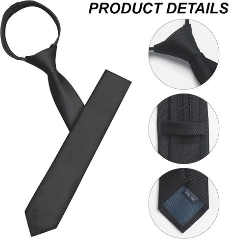 Pre-Tied Ties Solid Color Necktie, 2.35" Adjustable Zipper Black Ties for Men, Skinny Tie for Business, Wedding in Kuwait