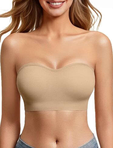 Strapless Bras for Women Non-Slip Bandeau Bra Push Up Invisible Bralettes Seamless Wireless No Underwire Padded Tube Top Bra Nude XL in Kuwait