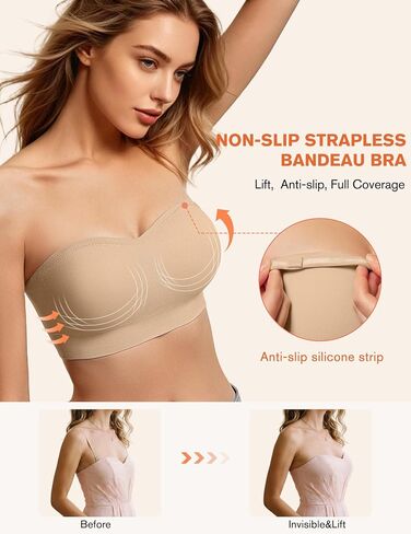 Strapless Bras for Women Non-Slip Bandeau Bra Push Up Invisible Bralettes Seamless Wireless No Underwire Padded Tube Top Bra Nude XL in Kuwait
