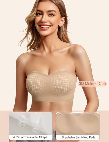 Strapless Bras for Women Non-Slip Bandeau Bra Push Up Invisible Bralettes Seamless Wireless No Underwire Padded Tube Top Bra Nude XL in Kuwait