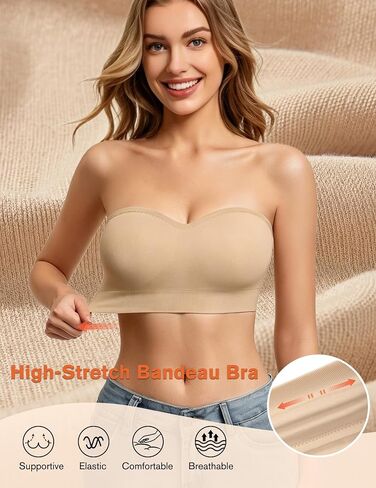 Strapless Bras for Women Non-Slip Bandeau Bra Push Up Invisible Bralettes Seamless Wireless No Underwire Padded Tube Top Bra Nude XL in Kuwait