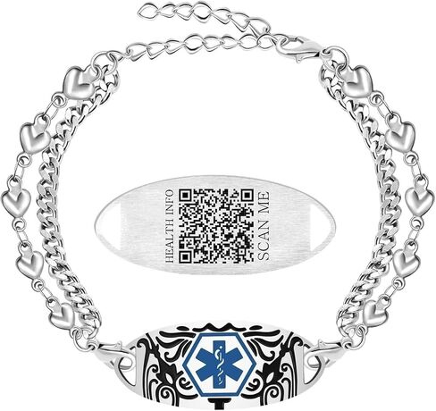 Dynamic QR Code Medical Alert Bracelet for Women Men Scan to Update Medical Info No Medical Info Needed at Checkout Double Layer Stainless Steel Chain Emergency ID Bracelet with Double Lobster Clasp in Kuwait