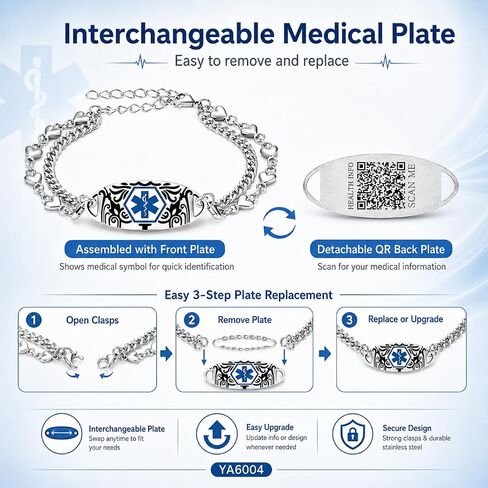 Dynamic QR Code Medical Alert Bracelet for Women Men Scan to Update Medical Info No Medical Info Needed at Checkout Double Layer Stainless Steel Chain Emergency ID Bracelet with Double Lobster Clasp in Kuwait