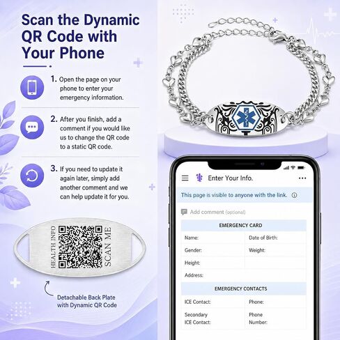 Dynamic QR Code Medical Alert Bracelet for Women Men Scan to Update Medical Info No Medical Info Needed at Checkout Double Layer Stainless Steel Chain Emergency ID Bracelet with Double Lobster Clasp in Kuwait