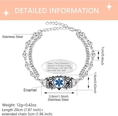 Dynamic QR Code Medical Alert Bracelet for Women Men Scan to Update Medical Info No Medical Info Needed at Checkout Double Layer Stainless Steel Chain Emergency ID Bracelet with Double Lobster Clasp in Kuwait