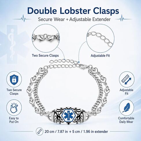 Dynamic QR Code Medical Alert Bracelet for Women Men Scan to Update Medical Info No Medical Info Needed at Checkout Double Layer Stainless Steel Chain Emergency ID Bracelet with Double Lobster Clasp in Kuwait