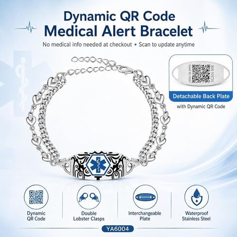 Dynamic QR Code Medical Alert Bracelet for Women Men Scan to Update Medical Info No Medical Info Needed at Checkout Double Layer Stainless Steel Chain Emergency ID Bracelet with Double Lobster Clasp in Kuwait