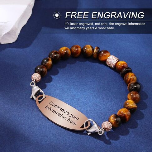 Personalized Medical Alert Bracelets for Women and Men - Free Engraving Emergency ID Bracelets With Interchangeable Beaded Chain and Stainless Steel Tags in Saudi Arabia