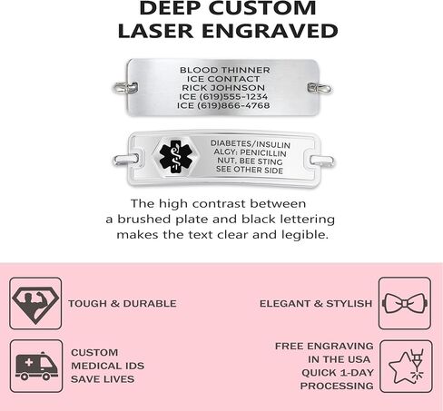 Divoti Personalized Medical Alert Bracelet for Men & Women - Comfort Curved Wheat Chain - 9 Lines of Custom Deep Laser Engraving - Fits up to 8.5" - Style/Length in Saudi Arabia