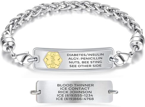 Divoti Personalized Medical Alert Bracelet for Men & Women - Comfort Curved Wheat Chain - 9 Lines of Custom Deep Laser Engraving - Fits up to 8.5" - Style/Length in Saudi Arabia