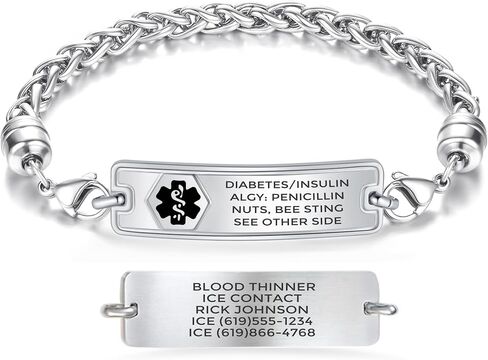 Divoti Personalized Medical Alert Bracelet for Men & Women - Comfort Curved Wheat Chain - 9 Lines of Custom Deep Laser Engraving - Fits up to 8.5" - Style/Length in Saudi Arabia