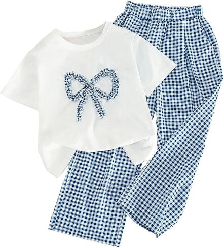 SweatyRocks Girl's 2 Piece Outfits Bow Short Sleeve T Shirt and Gingham Straight Leg Pants Set in Kuwait