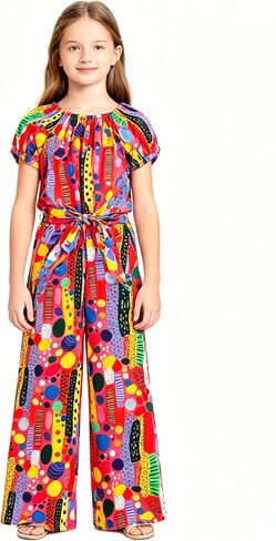 Girls 2 Piece Outfit Puff Sleeve Tie Front T-Shirt Flowy Wide Leg Pants Casual Summer Matching Set 7-14 Years in Kuwait