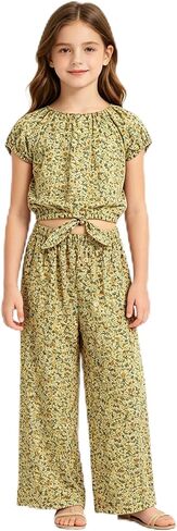Girls 2 Piece Outfit Puff Sleeve Tie Front T-Shirt Flowy Wide Leg Pants Casual Summer Matching Set 7-14 Years in Kuwait