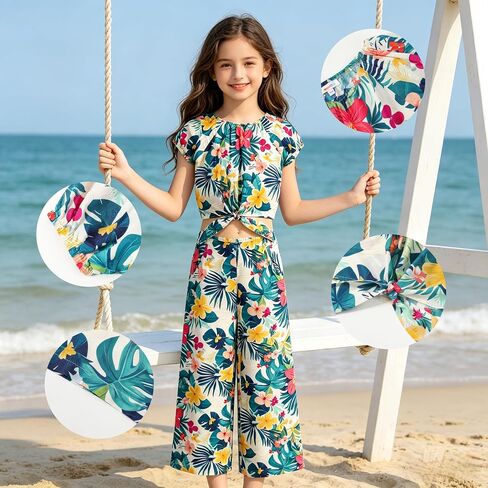Girls 2 Piece Outfit Puff Sleeve Tie Front T-Shirt Flowy Wide Leg Pants Casual Summer Matching Set 7-14 Years in Kuwait