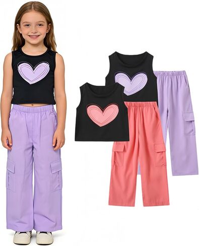 Girls' Clothes Outfits 4 Pcs Sleeveless Tank Tops and Cargo Pants Clothing Set Pink Purple 3-4Y in Kuwait