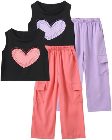 Girls' Clothes Outfits 4 Pcs Sleeveless Tank Tops and Cargo Pants Clothing Set Pink Purple 3-4Y in Kuwait