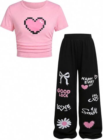 Girls 2 Piece Outfits Cute Short Sleeve Tops with Heart Print & Trendy Pants Set Summer Clothes, Size 7-14 Years in Kuwait