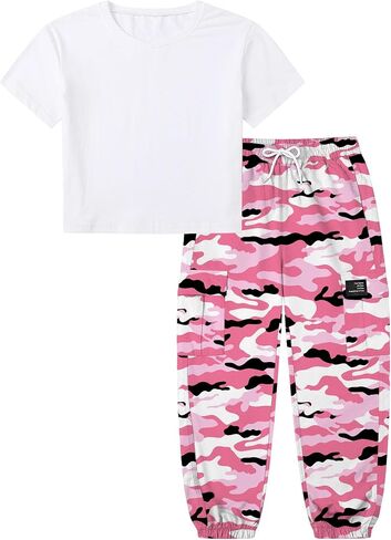 Betusline Girls 2 Piece Summer Outfits,Kids Casual Short Sleeve Crop Top & Cargo Jogger Pants Sets,4T-14Y in Kuwait
