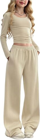 SOLY HUX Girl's 2 Piece Outfits Long Sleeve Ruched Crop Tops and Wide Leg Pants Set Casual Fall Clothes in Kuwait