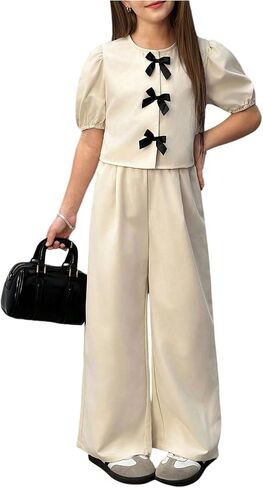 Verdusa Girl's 2 Piece Coquette Outfits Puff Sleeve Bow Tops and Pants with Pockets in Kuwait