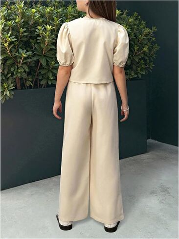Verdusa Girl's 2 Piece Coquette Outfits Puff Sleeve Bow Tops and Pants with Pockets in Kuwait