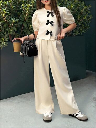 Verdusa Girl's 2 Piece Coquette Outfits Puff Sleeve Bow Tops and Pants with Pockets in Kuwait