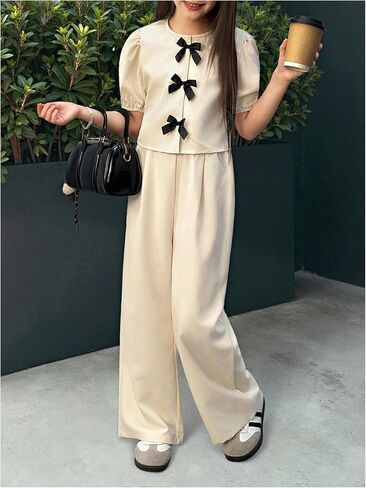 Verdusa Girl's 2 Piece Coquette Outfits Puff Sleeve Bow Tops and Pants with Pockets in Kuwait