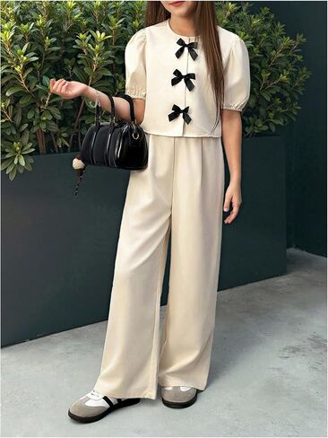 Verdusa Girl's 2 Piece Coquette Outfits Puff Sleeve Bow Tops and Pants with Pockets in Kuwait