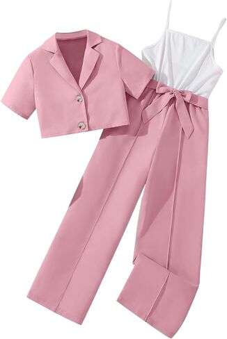 Hilinker Girl's 2 Piece Outfits Short Sleeve Blazer Belted Wide Leg Sleeveless Jumpsuit Sets in Kuwait