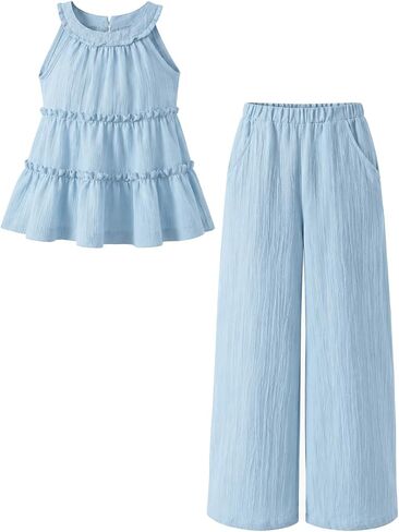 Cakaner Teen Girls Clothes Ruffle Sleeveless Tank Top and Wide Leg Pants 2 Piece School Outfit Set Size 7-14 in Saudi Arabia