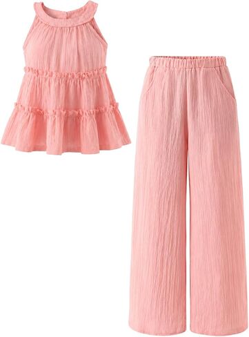 Cakaner Teen Girls Clothes Ruffle Sleeveless Tank Top and Wide Leg Pants 2 Piece School Outfit Set Size 7-14 in Kuwait