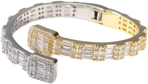 Solid Gold over S925 Sterling Silver Contrast-Tone Open Bangle for Men, with Crisscross Moissanite Setting, Bold Accessory for Contrast Outfits in Kuwait