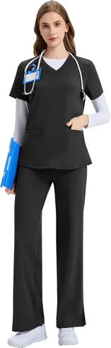 QBK Wide Leg Scrub Pants for Women - High Rise Stretch Yoga Scrub Uniform Pants with Knit Waistband, 4 Pockets & Drawstring in Kuwait